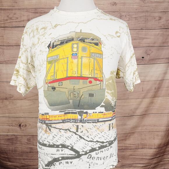 VINTAGE Union Pacific Shirt XL White Train Map AOP Made USA 90s Single stitch - Picture 1 of 12